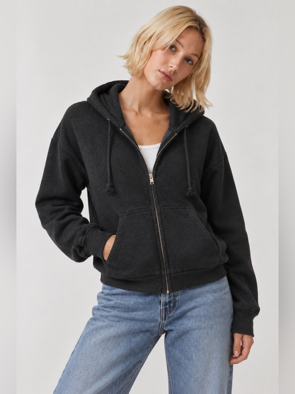 NWOT John Galt Brandy Melville Charcoal Heather Gray Zip-Up Hooded Sweatshirt OS